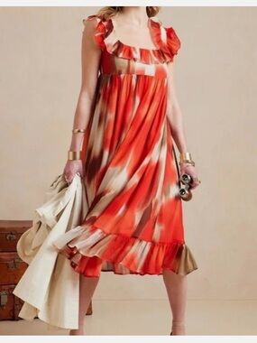 Banana Republic Red, Tan & Cream Ruffle-Neck Sleeveless Dress
